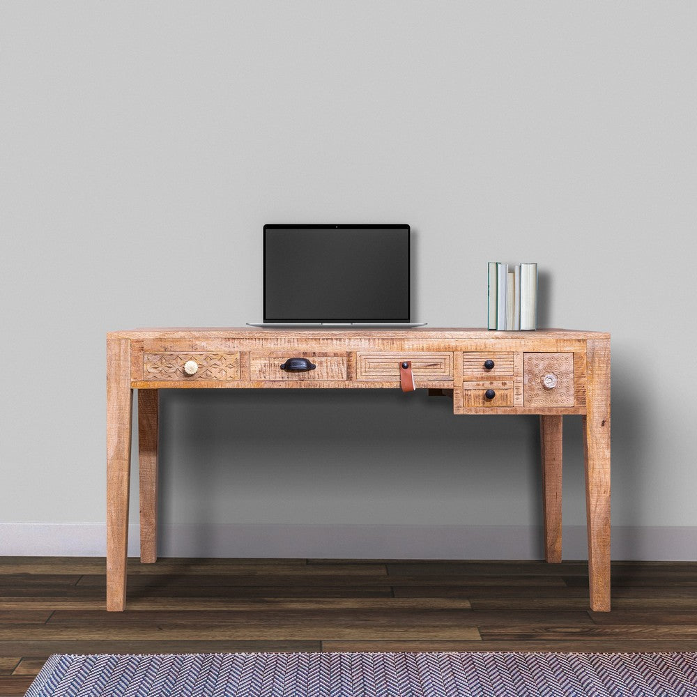 6 Drawer Grained Rustic Mango Wood Home Office Desk with Straight Legs, Weathered Brown - UPT-238085