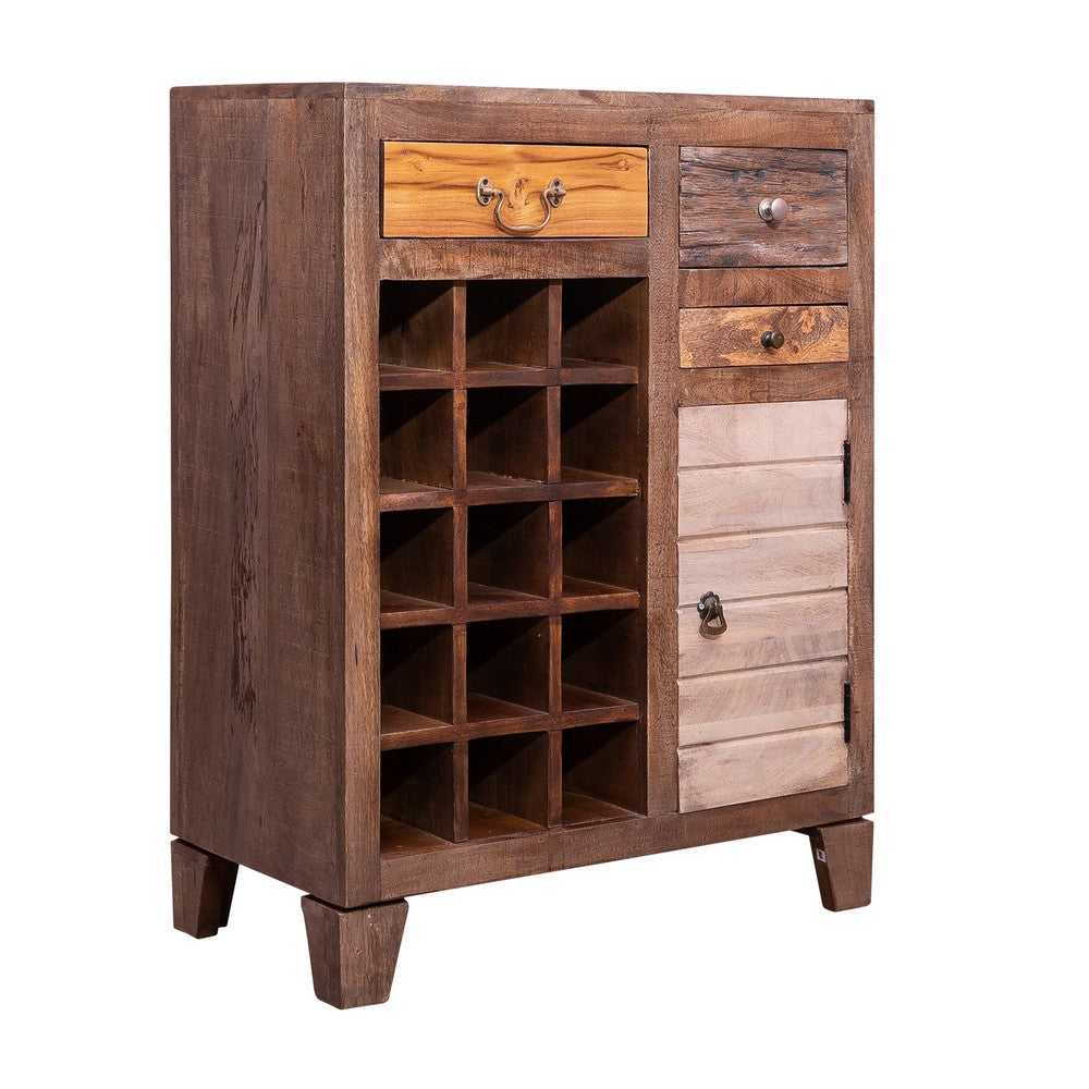 The Urban Port 35 Inch 3 Drawer Mango Wood 15 Bottle Wine Accent