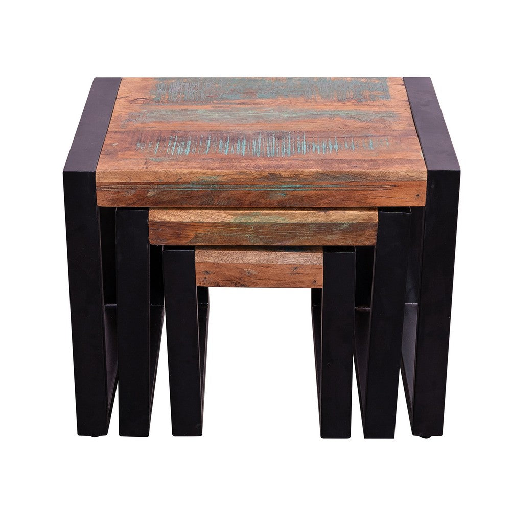 Rectangular Reclaimed Wood Nesting Side Table with Metal Base, Set of 3, Brown, Black - UPT-238090