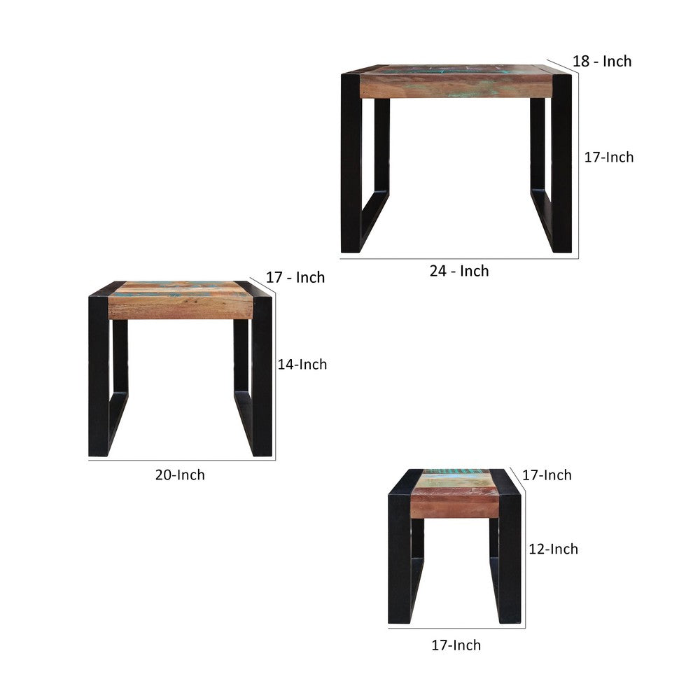 Rectangular Reclaimed Wood Nesting Side Table with Metal Base, Set of 3, Brown, Black - UPT-238090