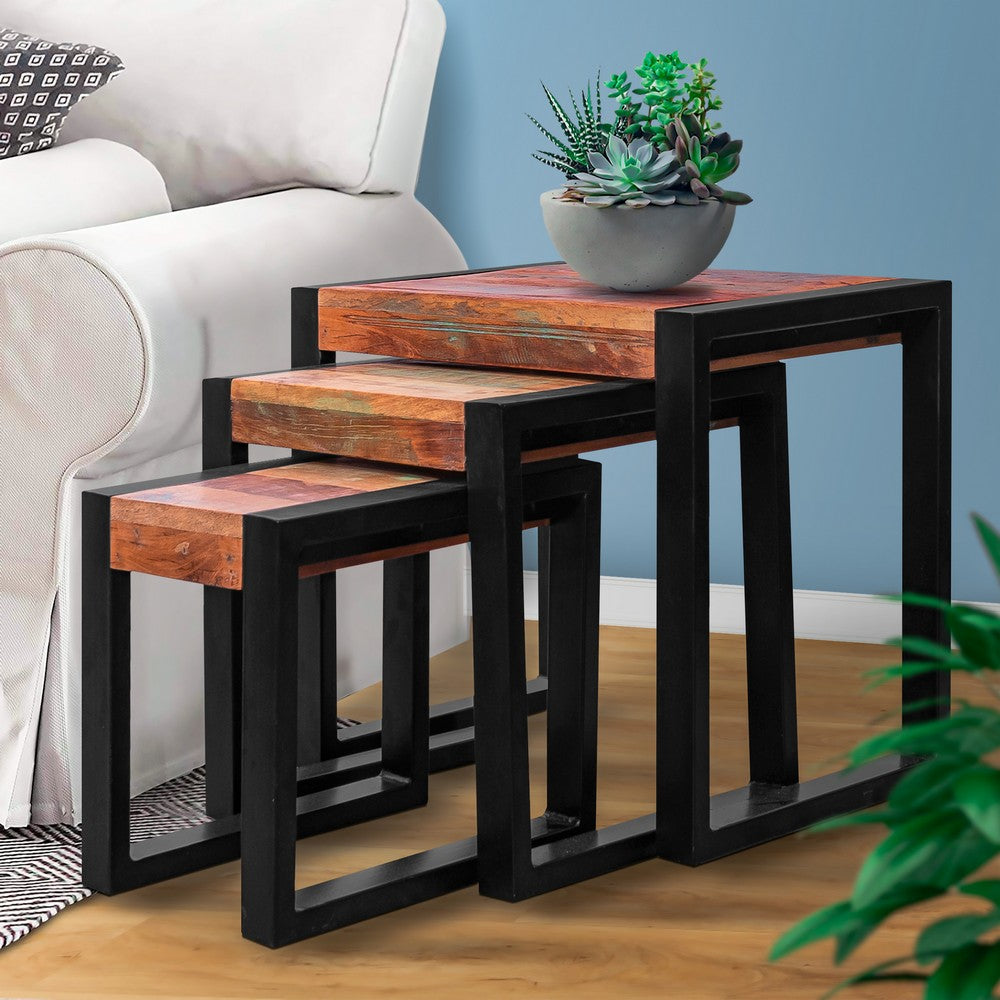 Rectangular Reclaimed Wood Nesting Side Table with Metal Base, Set of 3, Brown, Black - UPT-238090