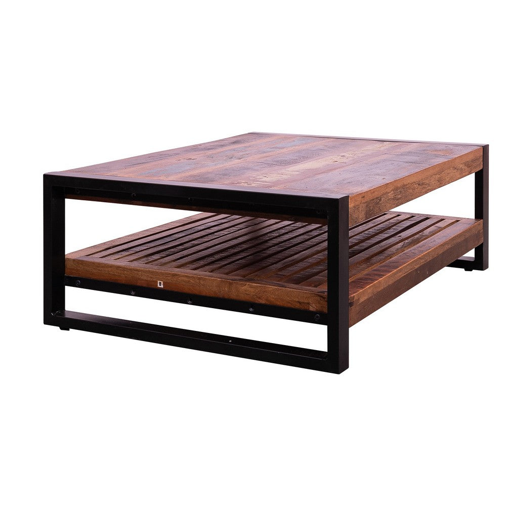 40 Inch Rectangular Reclaimed Wood Coffee Table, Planked Bottom Shelf, Multicolor - UPT-238091