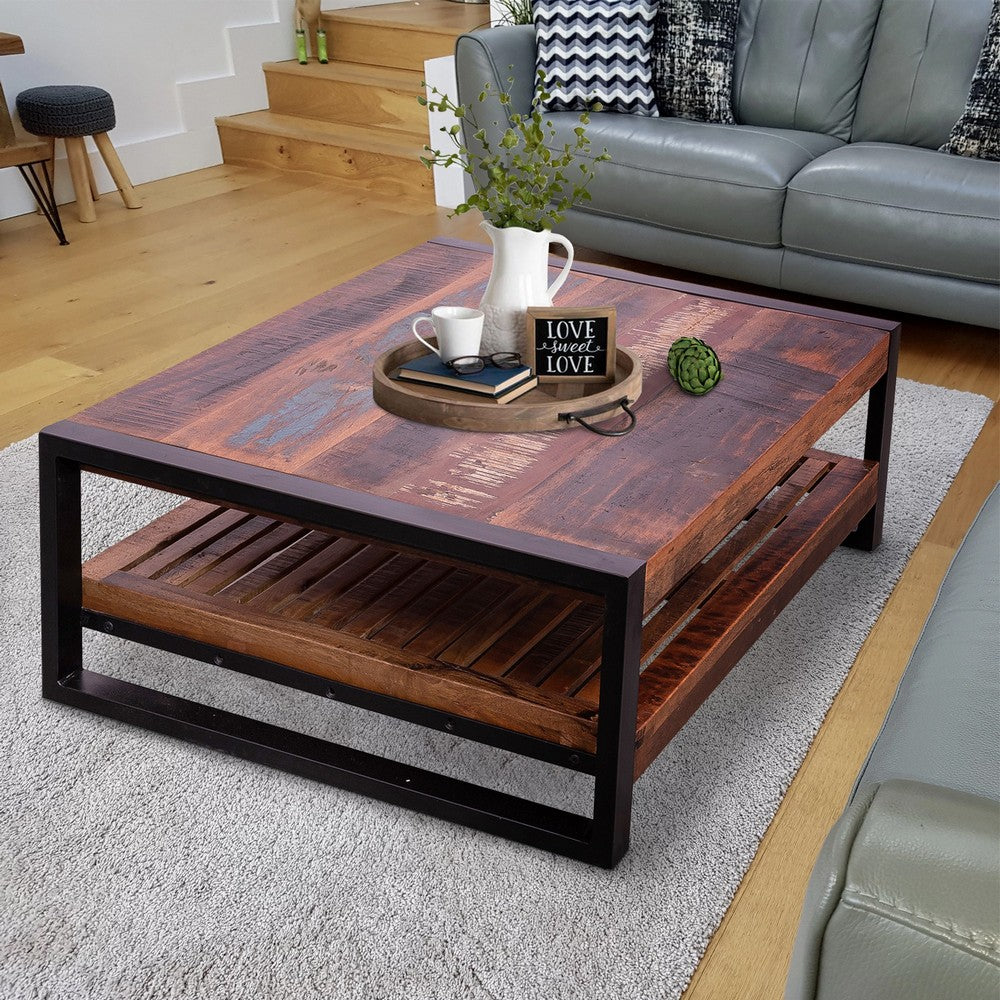 40 Inch Rectangular Reclaimed Wood Coffee Table, Planked Bottom Shelf, Multicolor - UPT-238091