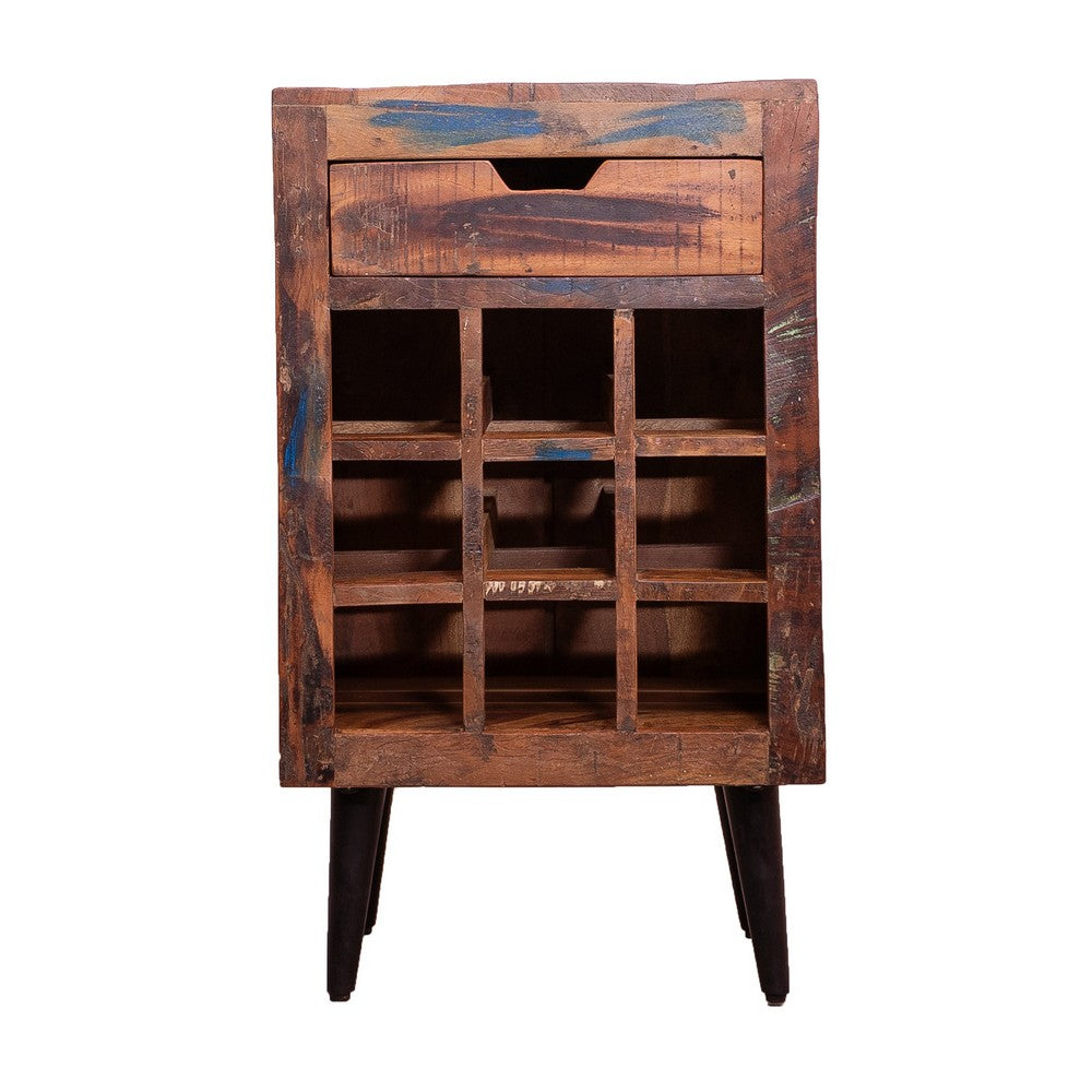 9 Bottle Storage Wine Rack Cabinet with 1 Drawer and Angled Metal Legs,  Brown - UPT-238092