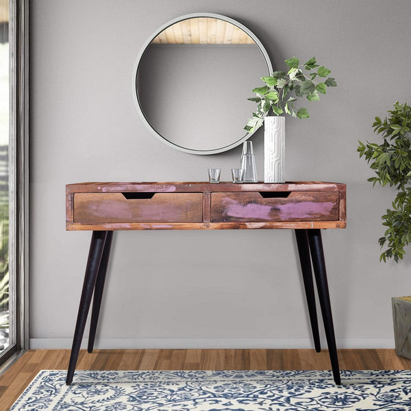 43 Inch 2 Drawer Reclaimed Wood Console Table, Angled Legs, Multi Tone Pastel Accent, Brown, Black - UPT-238093