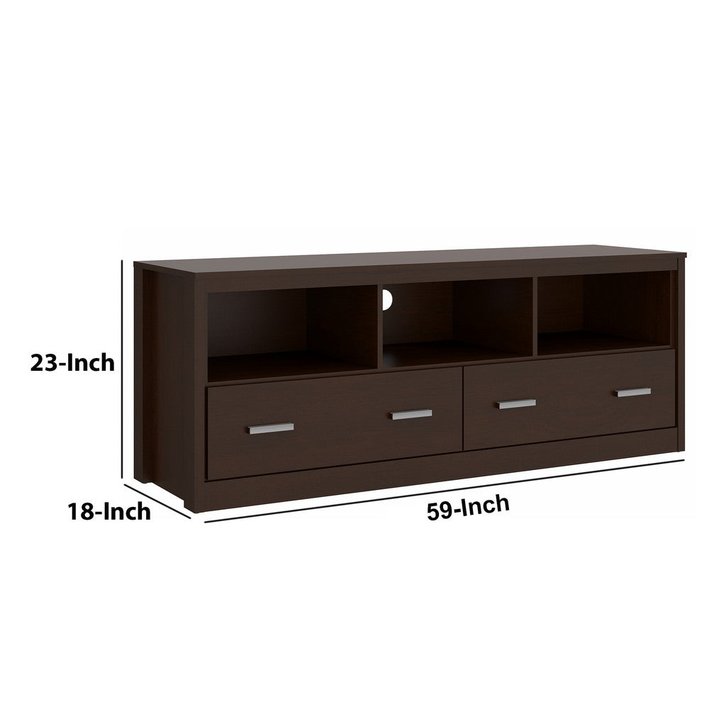Resa 59 Inch Wood TV Entertainment Center Media Console, 2 Drawers, 3 Open Compartments, Espresso Brown - UPT-238271