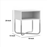 Bedside Nightstand with Open Compartment and Tubular Metal Base, White and Chrome - UPT-238272
