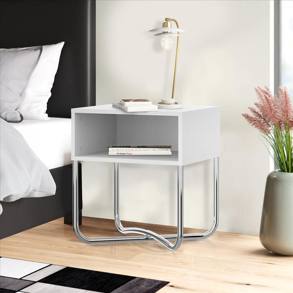 Bedside Nightstand with Open Compartment and Tubular Metal Base, White and Chrome - UPT-238272