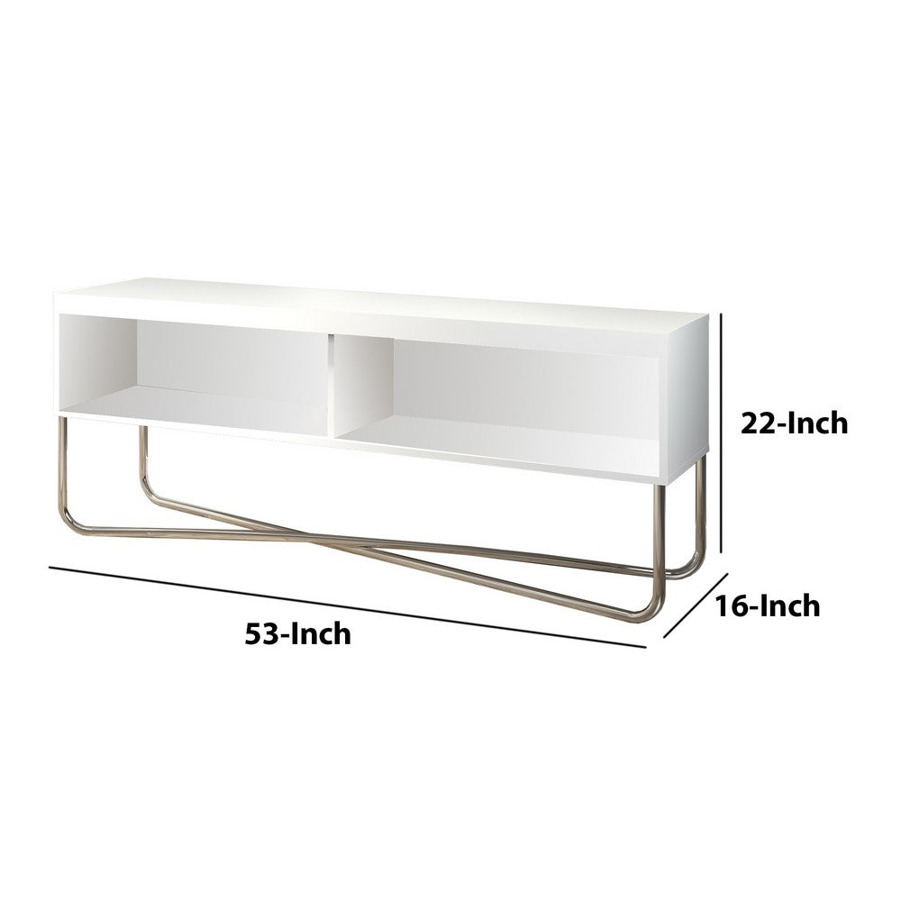 Wren 53 Inch Modern TV Media Entertainment Console, 2 Open Compartments, Steel Cross Base, White, Chrome - UPT-238274