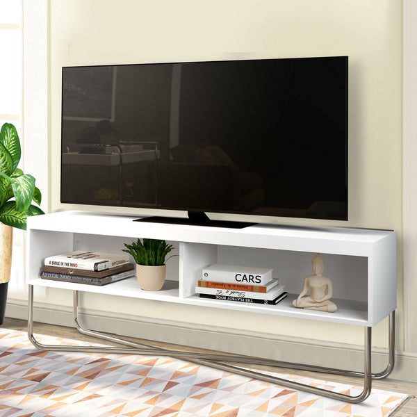 Wren 53 Inch Modern TV Media Entertainment Console, 2 Open Compartments, Steel Cross Base, White, Chrome - UPT-238274