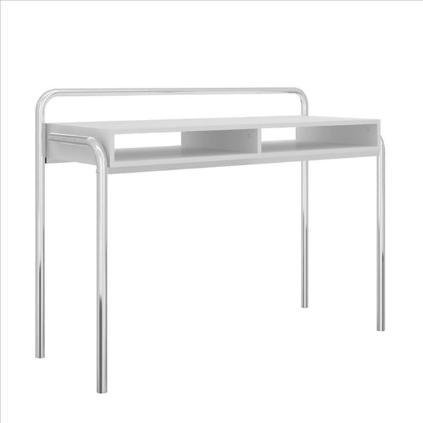 Office Desk with 2 Compartments and Tubular Metal Frame, White and Chrome - UPT-238277