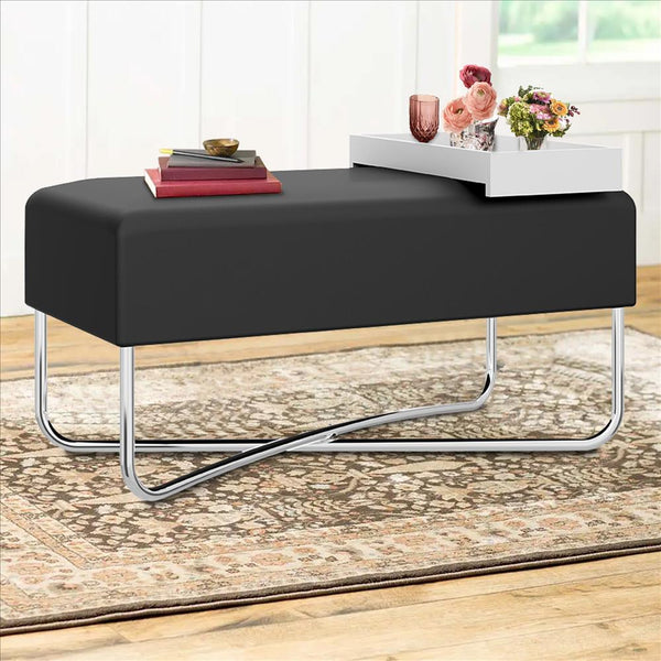 Pouffe with Rectangular Fabric Seat and Inbuilt Wooden Tray, Black and White - UPT-238279