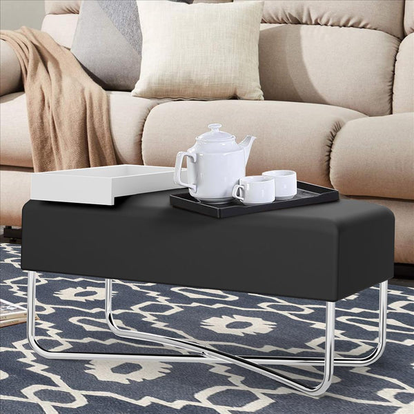 Pouffe with Rectangular Fabric Seat and Inbuilt Wooden Tray, Black and White - UPT-238279