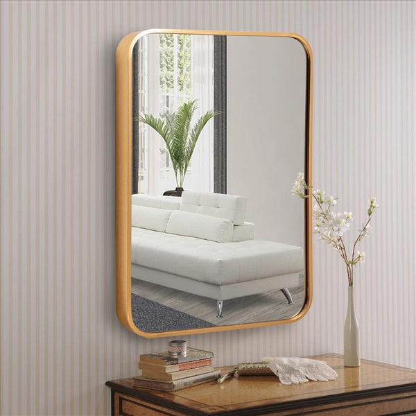 24 Inch Matte Gold Rectangular Wall Mirror, Round Corners, Gold - UPT-238451
