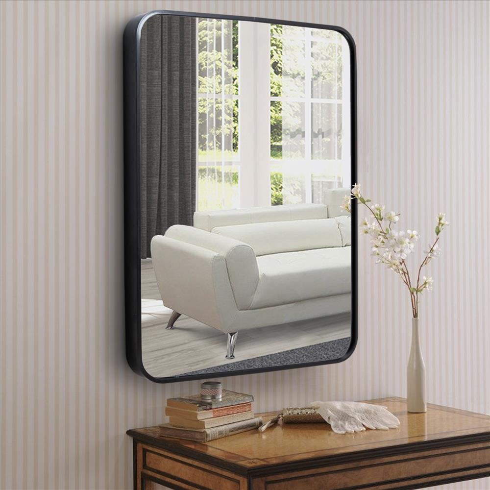 28 Inch Mid Century Modern Black Metal Frame Rectangular Wall Mirror, Round Corners - UPT-238452