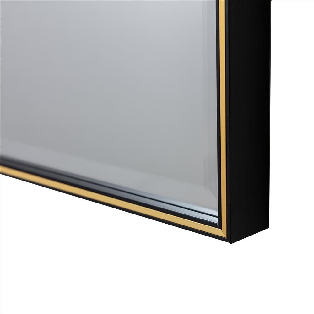 28 Inch Beveled Metal Frame Rectangular Wall Mirror, Black, Gold Accent - UPT-238453