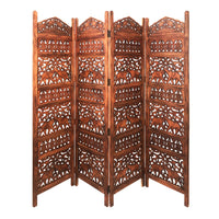 80 Inch Handcrafted 4 Panel Carved Wood Room Divider Screen, Intricate Cutout Details, Brown - UPT-238486