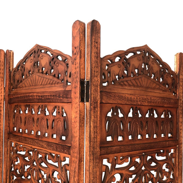 80 Inch Handcrafted 4 Panel Carved Wood Room Divider Screen, Intricate Cutout Details, Brown - UPT-238486