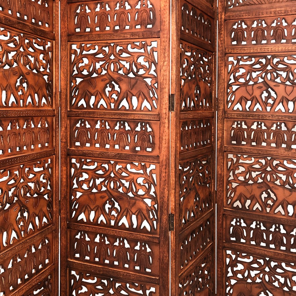 80 Inch Handcrafted 4 Panel Carved Wood Room Divider Screen, Intricate Cutout Details, Brown - UPT-238486