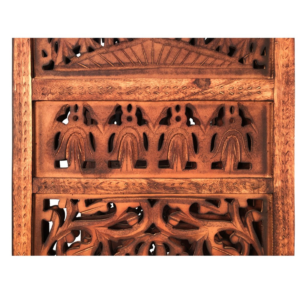 80 Inch Handcrafted 4 Panel Carved Wood Room Divider Screen, Intricate Cutout Details, Brown - UPT-238486