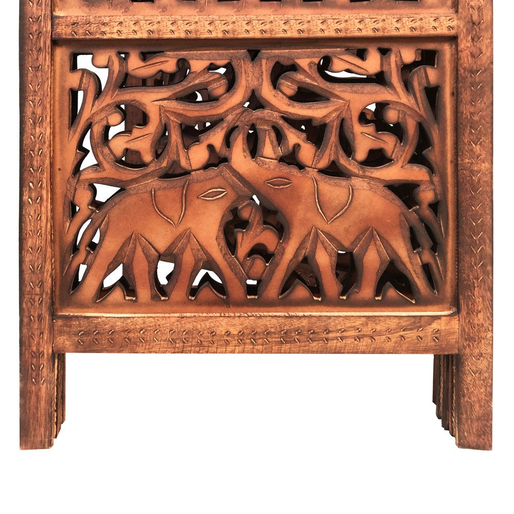 80 Inch Handcrafted 4 Panel Carved Wood Room Divider Screen, Intricate Cutout Details, Brown - UPT-238486