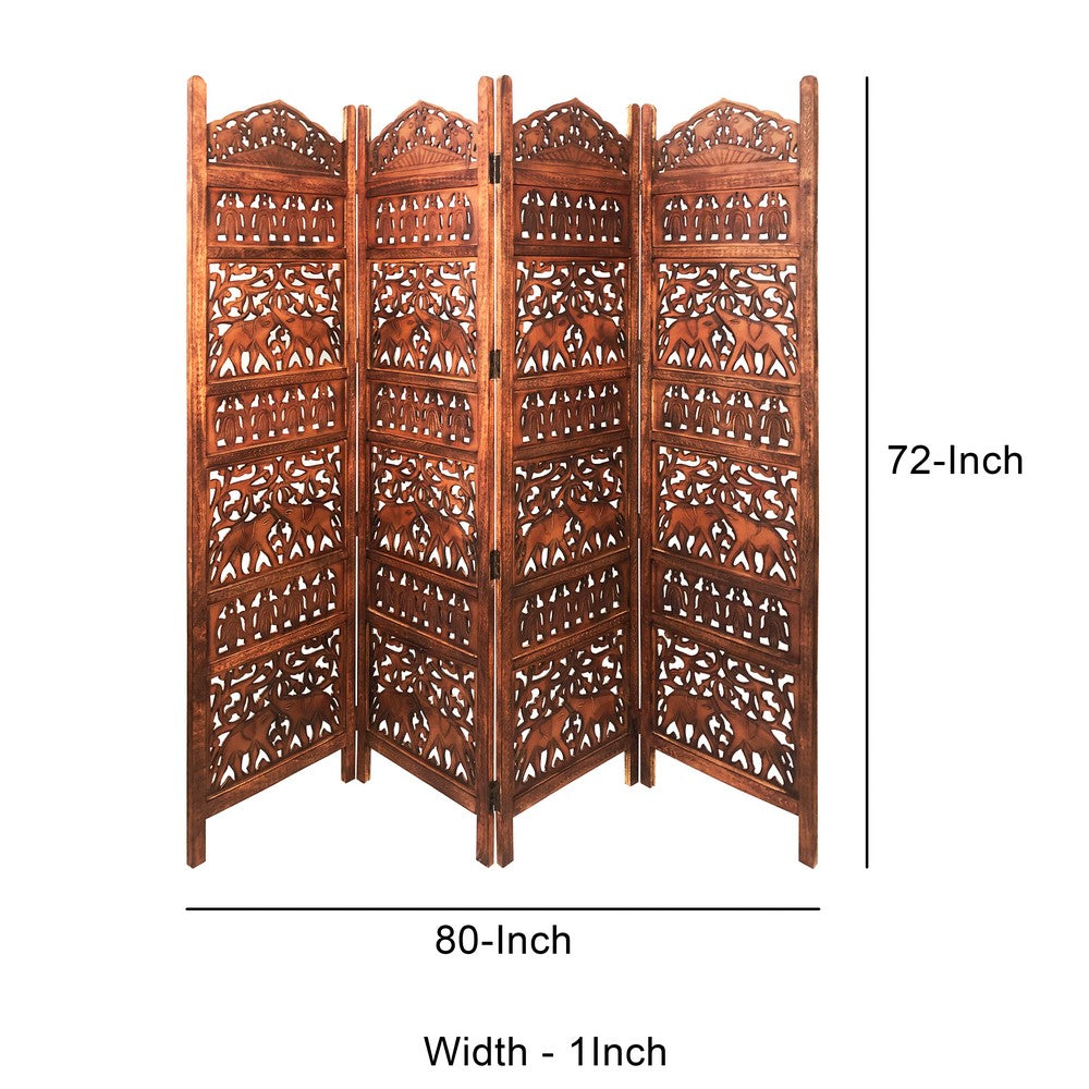 80 Inch Handcrafted 4 Panel Carved Wood Room Divider Screen, Intricate Cutout Details, Brown - UPT-238486