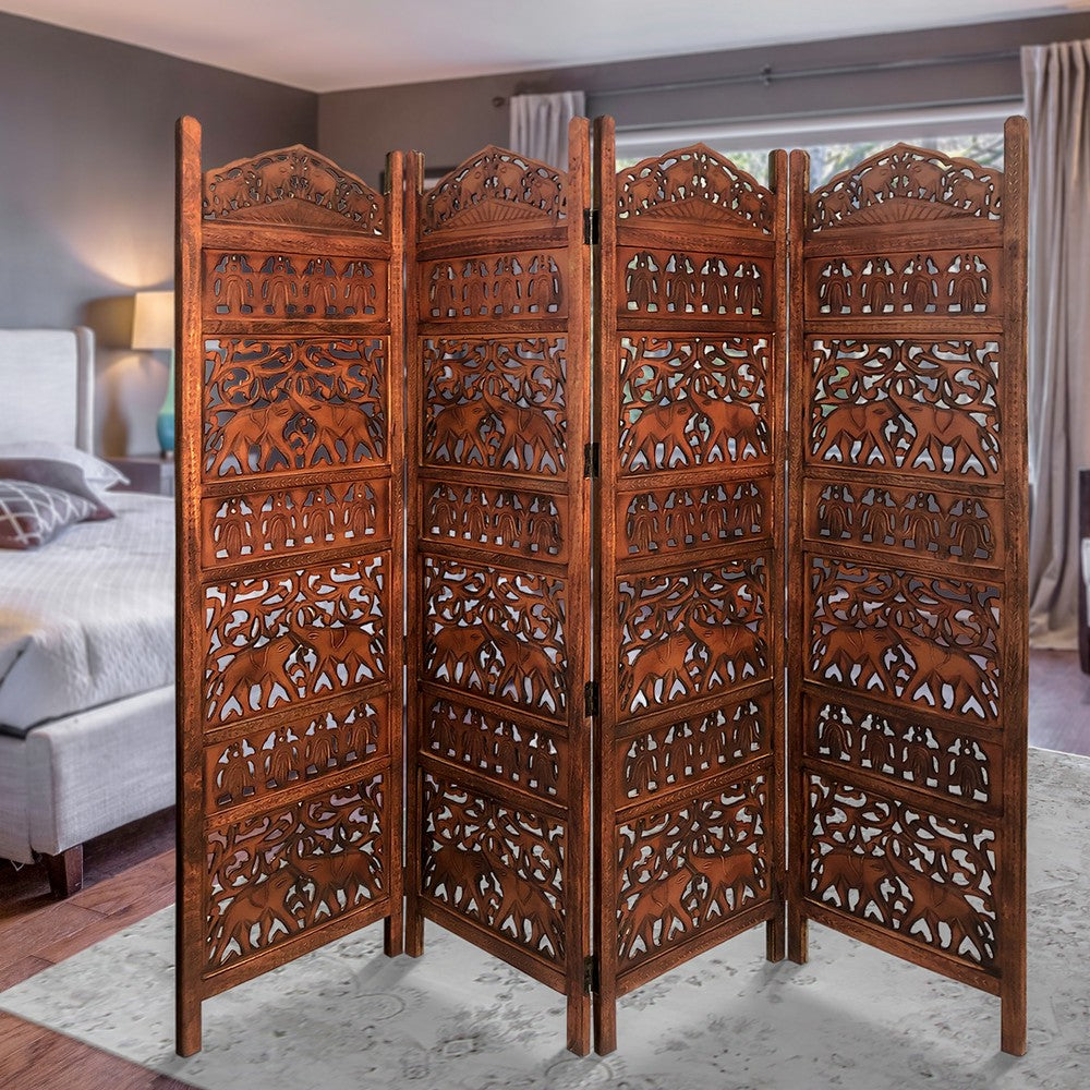 80 Inch Handcrafted 4 Panel Carved Wood Room Divider Screen, Intricate Cutout Details, Brown - UPT-238486