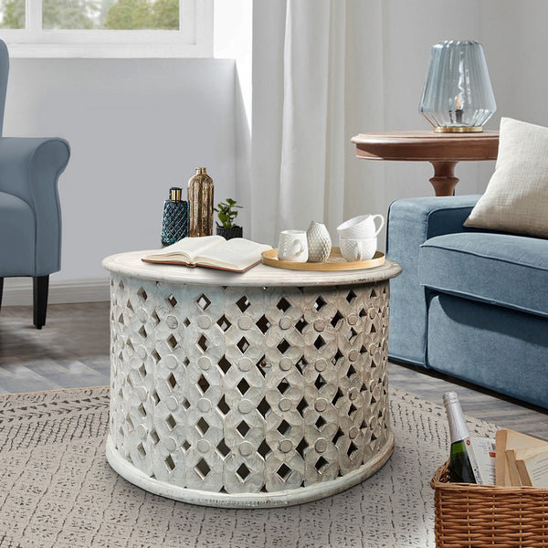 28 Inch Artisanal Round Mango Wood Coffee Table, Intricate Diamond Lattice Cut Out Frame, Washed White - UPT-241080