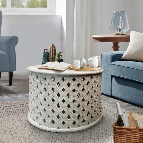 Cato 28 Inch Artisanal Round Mango Wood Coffee Table, Intricate Diamond Lattice Cut Out Frame, Washed White- UPT-241080