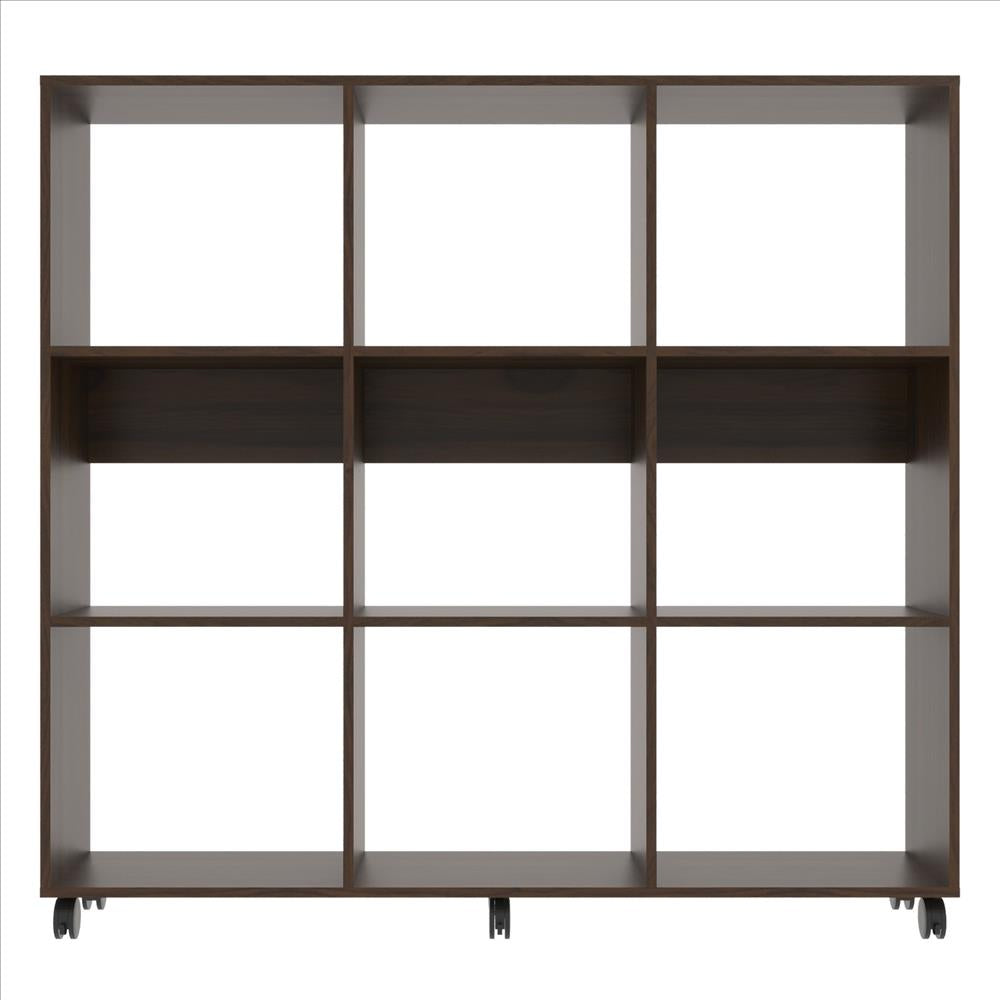 49 Inch Handcrafted Classic Wood Bookcase, 9 Open Compartments, Caster Wheels, Espresso Brown - UPT-242343