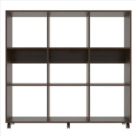49 Inch Handcrafted Classic Wood Bookcase, 9 Open Compartments, Caster Wheels, Espresso Brown - UPT-242343