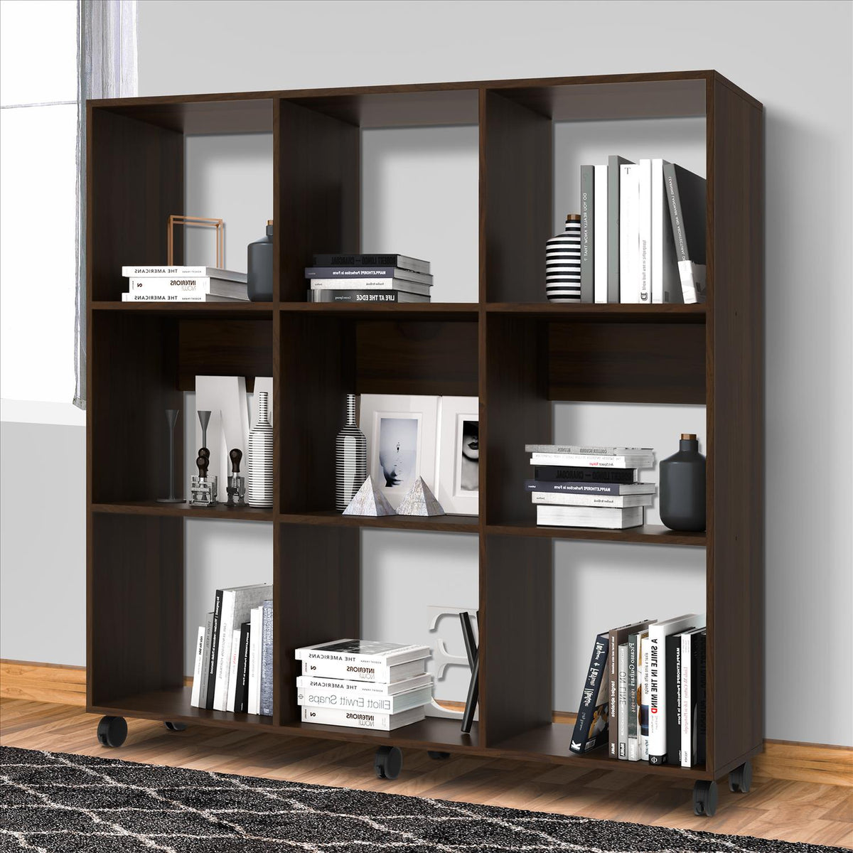 49 Inch Handcrafted Classic Wood Bookcase, 9 Open Compartments, Caster Wheels, Espresso Brown - UPT-242343