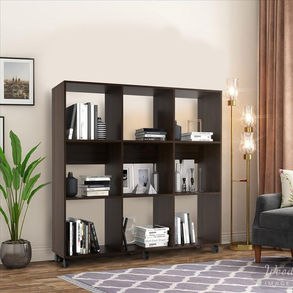 49 Inch Handcrafted Classic Wood Bookcase, 9 Open Compartments, Caster Wheels, Espresso Brown - UPT-242343