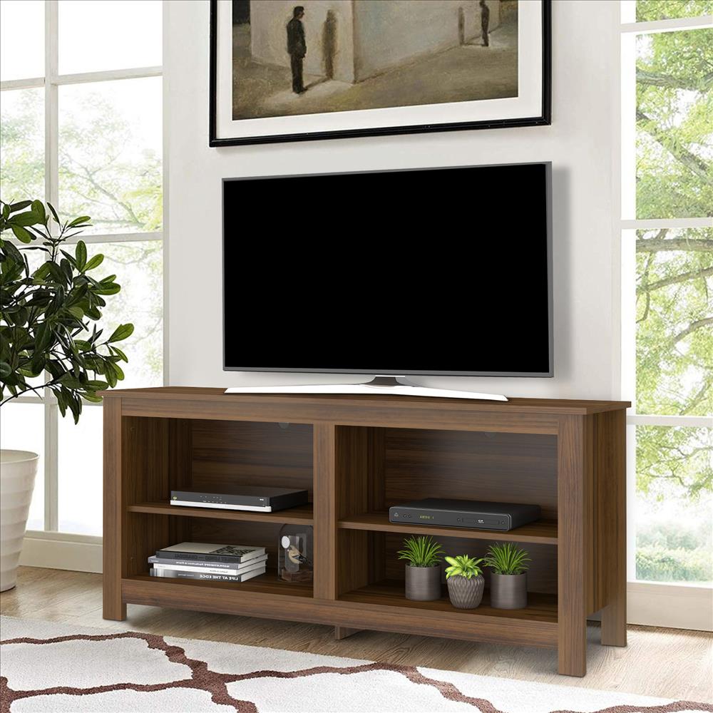 54 Inch Handcrafted Wood TV Media Entertainment Console, 4 Open Compartments, Espresso Brown - UPT-242344