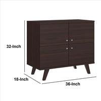 35 Inch Handcrafted Wood Multipurpose Storage Cabinet Console, 4 Doors, Angled Legs, Dark Brown - UPT-242347