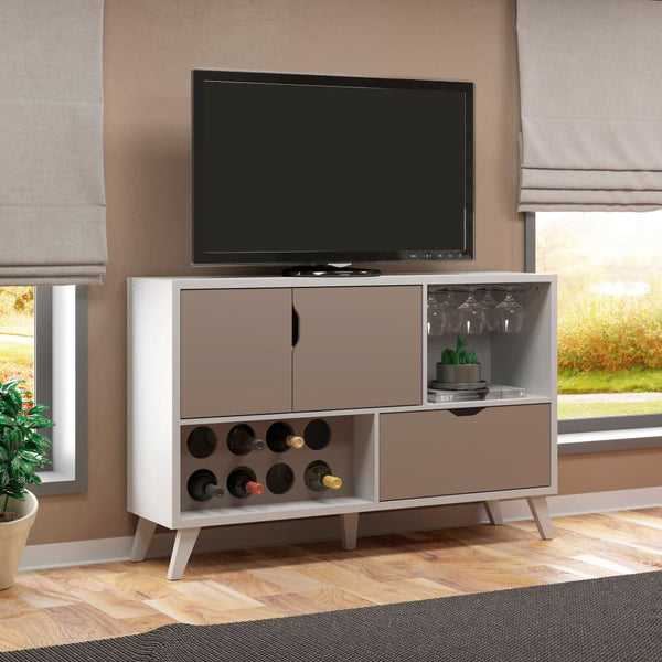 Coco 54 Inch 2 Door Wine Bar Cabinet TV Entertainment Console, Wine Rack, 1 Drawer, White, Gray - UPT-242348