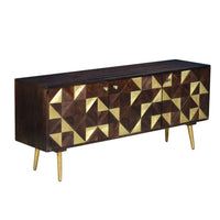 56 Inch Wooden TV Console with Geometric Front 3 Door Cabinets, Dark Brown, Gold - UPT-242818