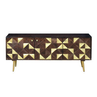 56 Inch Wooden TV Console with Geometric Front 3 Door Cabinets, Dark Brown, Gold - UPT-242818