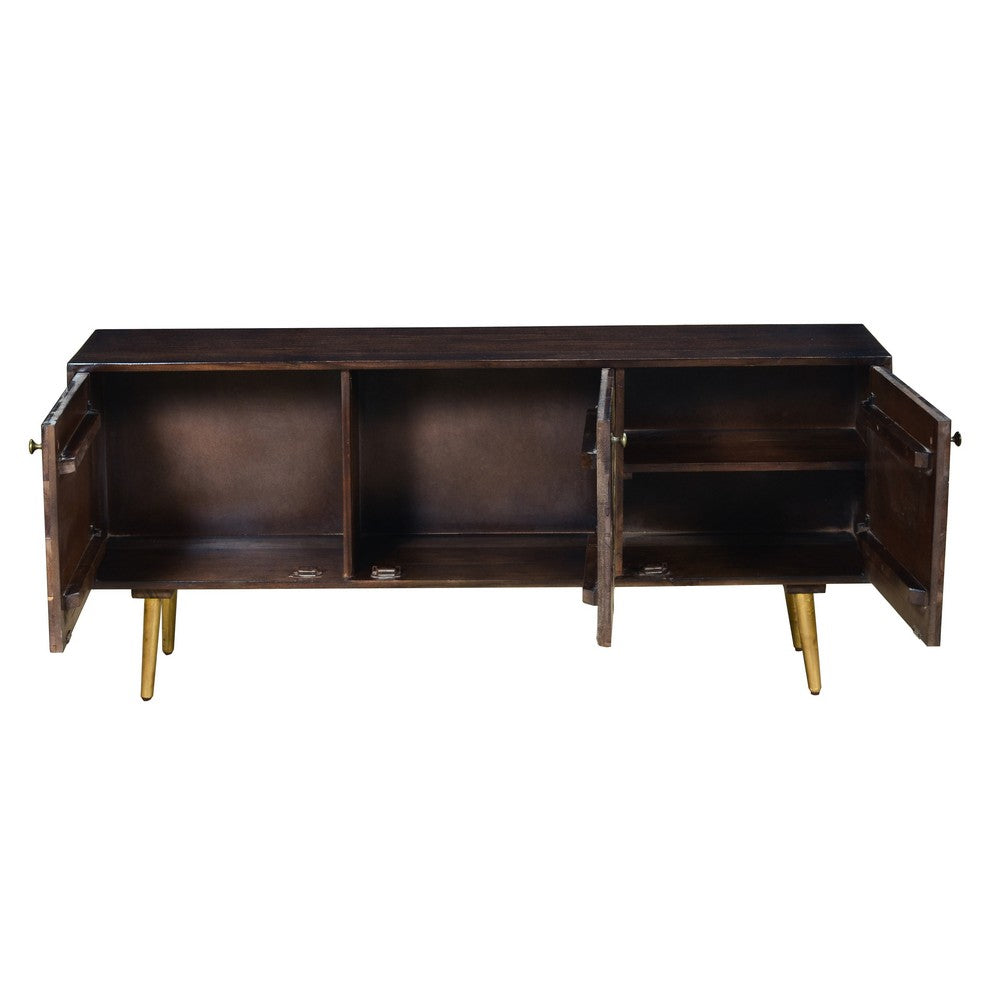 56 Inch Wooden TV Console with Geometric Front 3 Door Cabinets, Dark Brown, Gold - UPT-242818