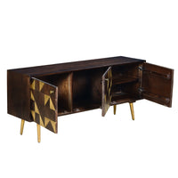 56 Inch Wooden TV Console with Geometric Front 3 Door Cabinets, Dark Brown, Gold - UPT-242818