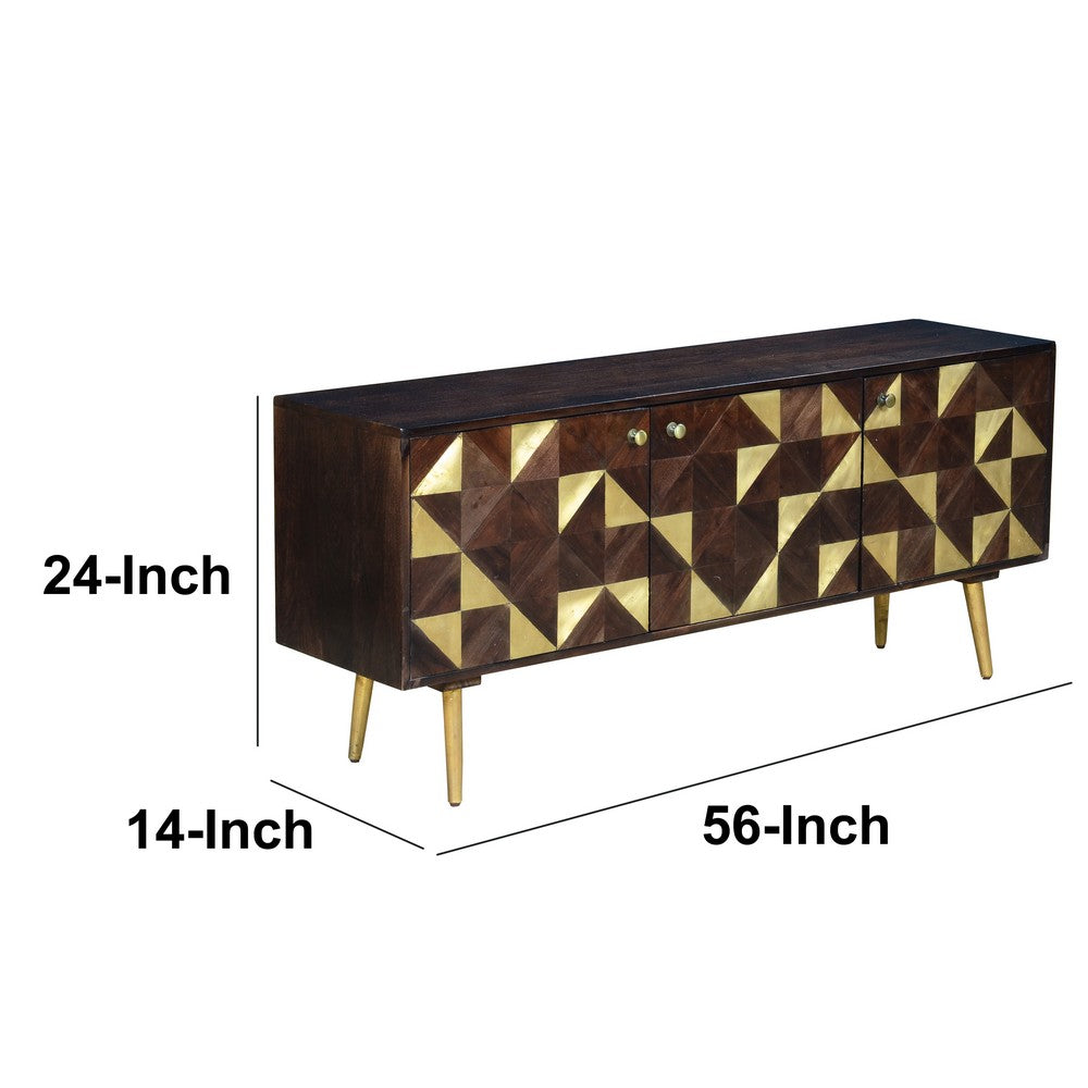 56 Inch Wooden TV Console with Geometric Front 3 Door Cabinets, Dark Brown, Gold - UPT-242818