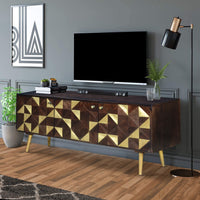 56 Inch Wooden TV Console with Geometric Front 3 Door Cabinets, Dark Brown, Gold - UPT-242818