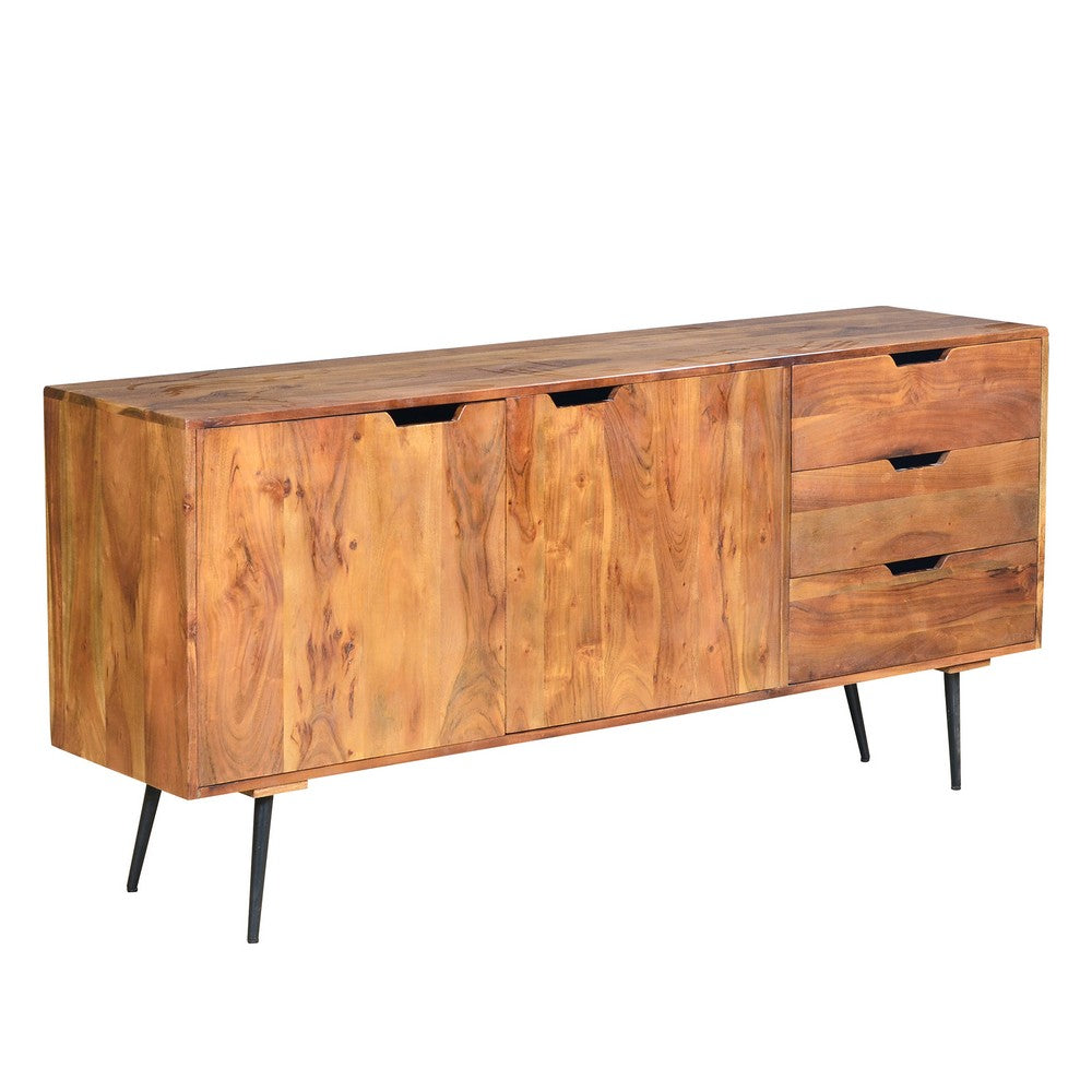 63 Inch Acacia Wood 2 Door Sideboard with 3 Drawers and Cutout Pulls, Brown - UPT-242819