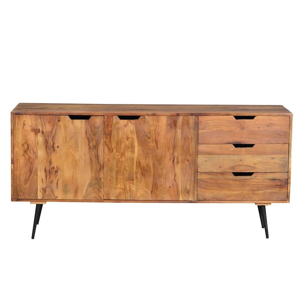 63 Inch Acacia Wood 2 Door Sideboard with 3 Drawers and Cutout Pulls, Brown - UPT-242819