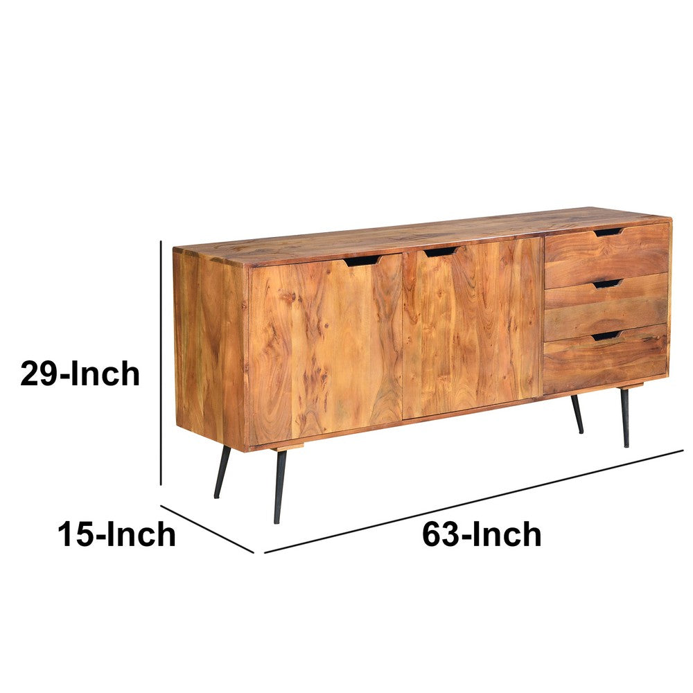 63 Inch Acacia Wood 2 Door Sideboard with 3 Drawers and Cutout Pulls, Brown - UPT-242819