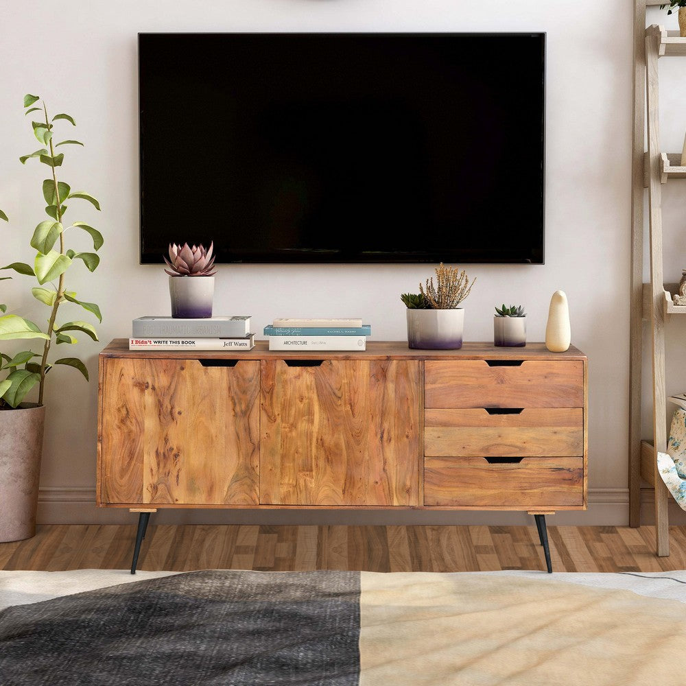 63 Inch Acacia Wood 2 Door Sideboard with 3 Drawers and Cutout Pulls, Brown - UPT-242819