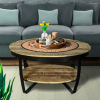 34 Inch Farmhouse Round Coffee Table with Metal Framework, Brown and Black - UPT-242821