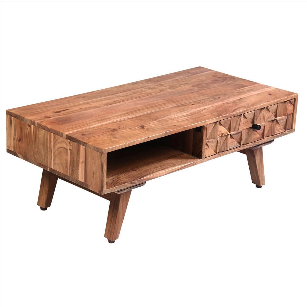 Reed 37 Inch Wood Coffee Table with 3D accent Drawers, Oak Brown - UPT-242829