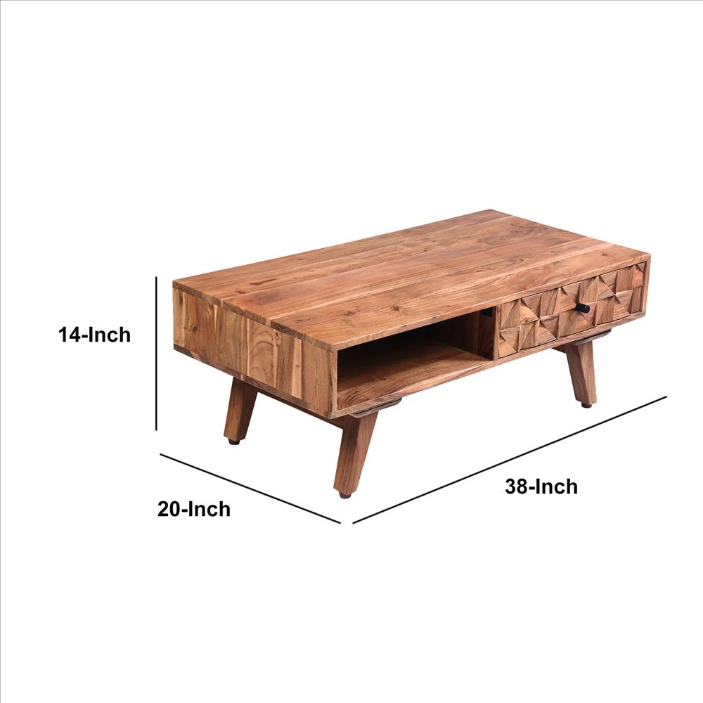 Reed 37 Inch Wood Coffee Table with 3D accent Drawers, Oak Brown - UPT-242829