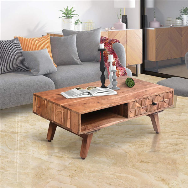 Reed 37 Inch Wood Coffee Table with 3D accent Drawers, Oak Brown - UPT-242829